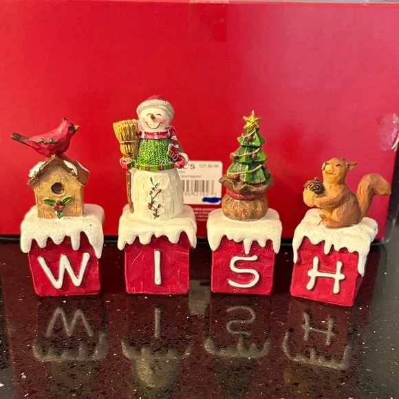 Christmas WISH Snowman Tree Character Blocks Shelf Sitters Farmhouse Country - Picture 1 of 14